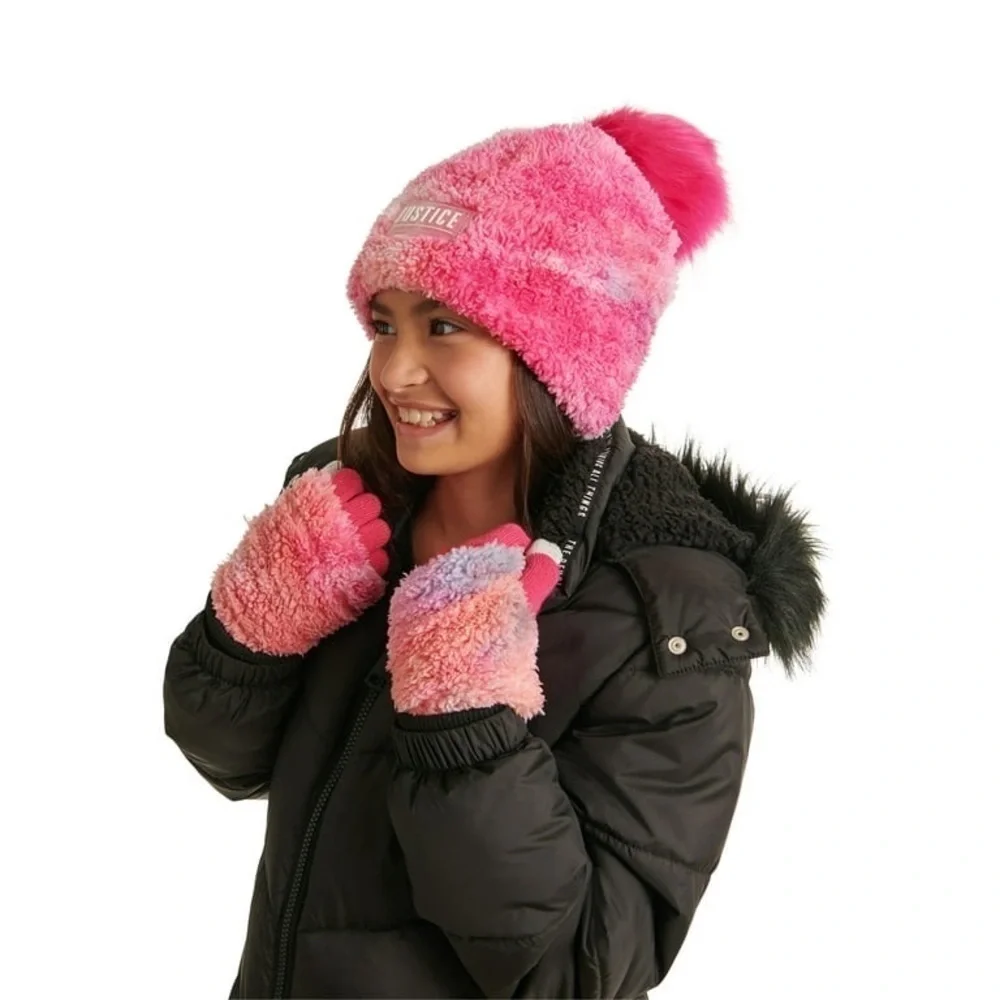 Justice Girls Beanie with Pom and Gloves, 2-Piece Cold Weather Set, One Size